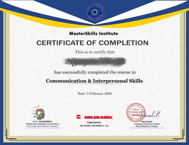 Mẫu chứng nhận chương trình kỹ năng mềm của Masterskills